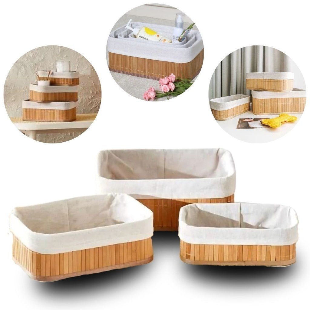 Cestos Organizadores de Bambu com Forro – Kit 3 Peças para Organização e Decoração - LK House