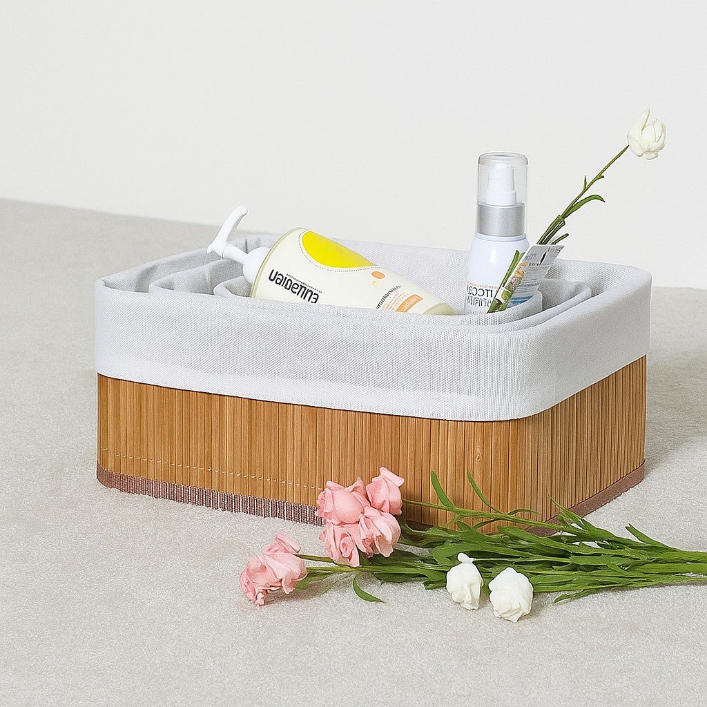 Cestos Organizadores de Bambu com Forro – Kit 3 Peças para Organização e Decoração - LK House