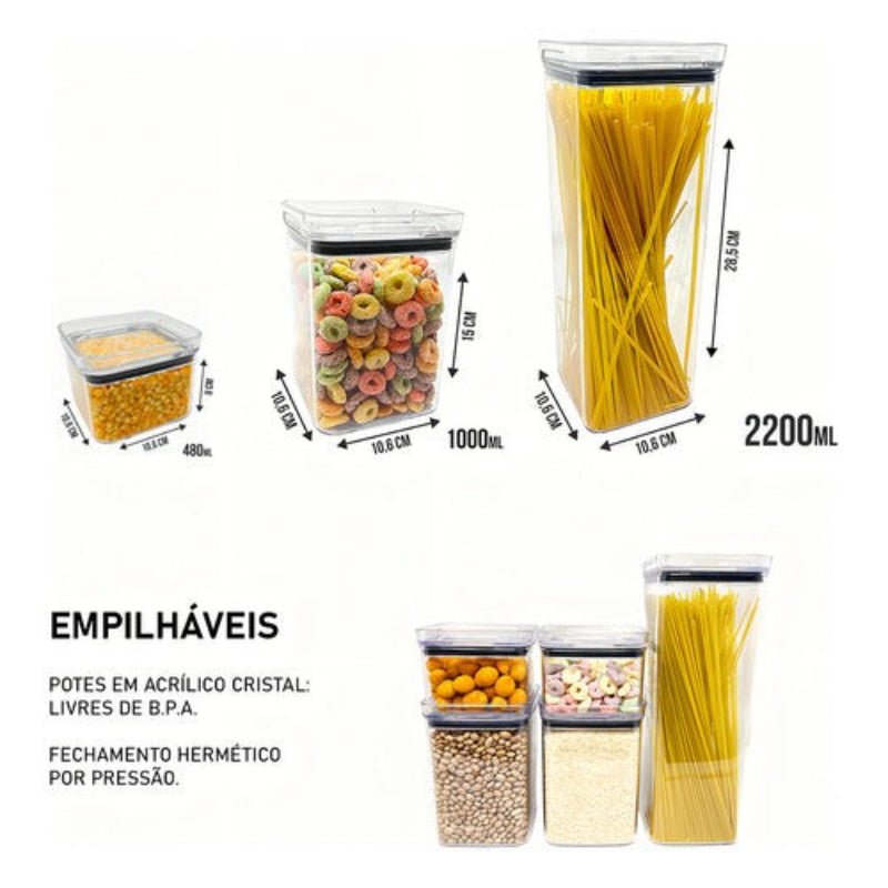 Kit 10 Potes Herméticos Empilháveis em Acrílico – Mais Organização e Conservação para Sua Cozinha - LK House