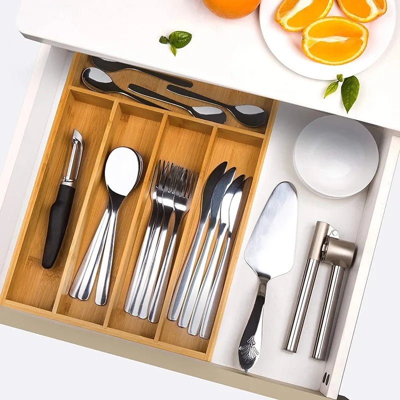 Porta Talheres de Bambu com 4 Divisórias – Mais Organização e Praticidade para Suas Gavetas - LK House
